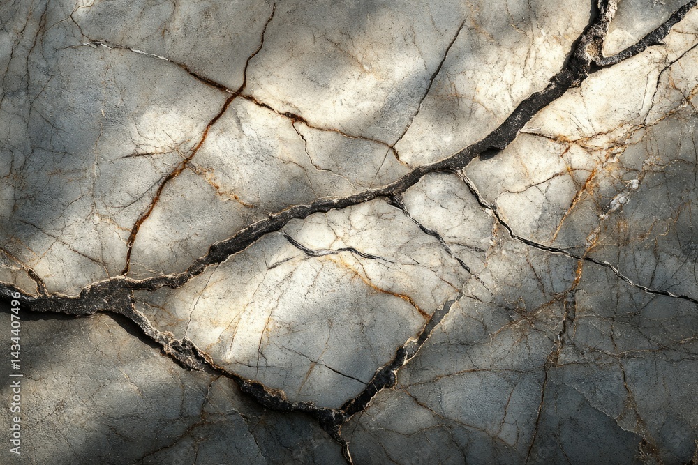 Aufkleber A detailed close-up of a cracked stone surface, showing intricate patterns and textures under sunlight.