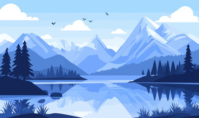 Serene Mountain Landscape with Tranquil Lake and Birds in Vector Art