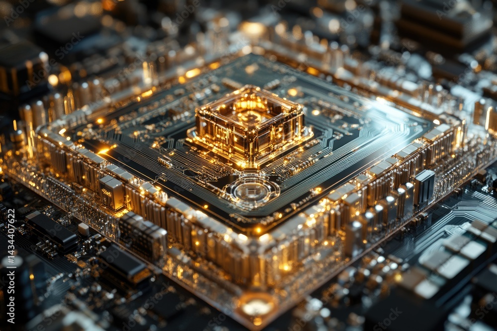 Poster Close-up of a technologically advanced computer processor with glowing circuitry.