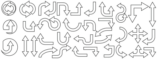 A collection of thin outline black arrows in multiple directions and styles. Perfect for minimal UI, navigation, signs, and web design.
