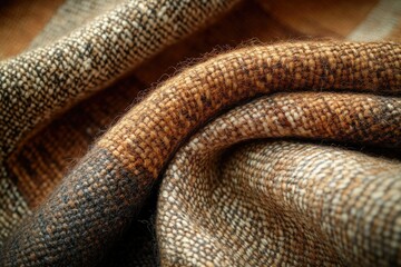 Fototapeta premium Close-up of a cozy brown and beige wool fabric with a textured weave, showcasing its soft and warm feel.