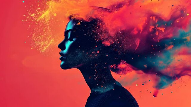Silhouette of a Woman with Explosive Colors and Particles around Her