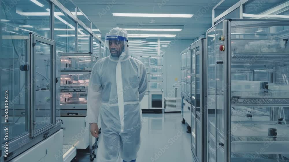 Poster scientist in a protective suit and face shield walking through a modern laboratory, monitoring stack