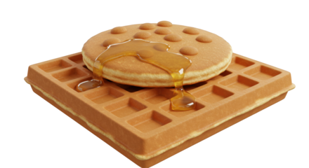 Isolated Waffle and Pancake Stack with Syrup Drizzled on Top
