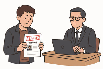 Simple vector illustration of a failed job interview: sad applicant holds rejected resume, interviewer at desk with laptop. Concept for unemployment, hiring failure, rejection, recruitment process.