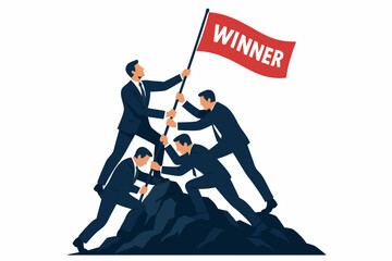 Collaborative business team triumphantly planting a red winner flag on a mountain summit, symbolizing corporate success, achievement, partnership, and leadership goals vector art.