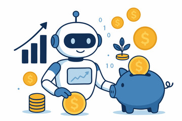 Friendly AI robot financial advisor assisting with automated investment management and savings growth, depicted with piggy bank, gold coins, and rising graph. Fintech concept vector.