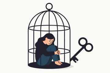Feeling trapped concept: Depressed woman sits alone inside a cage, symbolizing mental health issues, isolation, and emotional prison, with a key silhouette representing escape.