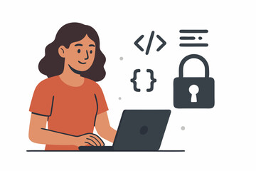 Female programmer coding securely on laptop, vector illustration for software development, web security, and open source projects. Woman developer working with code and padlock icons.