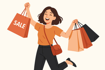 Excited female shopper jumping for joy with multiple shopping bags, celebrating big savings during a sale event. Happy customer enjoying retail therapy. Flat vector design.