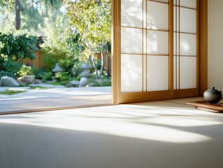 Fototapeta premium Serene Japanese Room Sunlight Shoji Screen