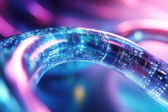 Abstract glowing fiber optic cable with digital data stream, futuristic technology concept.