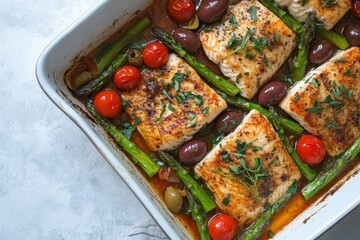 Oven roasted Arctic char served with asparagus tomatoes and olives