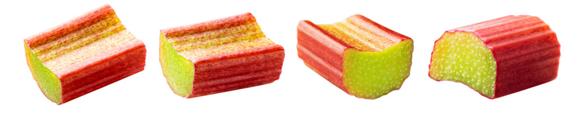 Set of cut rhubarb stem pieces, isolated on white background.