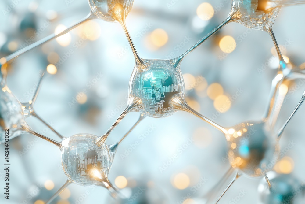 Poster Abstract 3D rendering of interconnected nodes resembling a futuristic molecular structure or neural network.