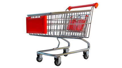 Modern supermarket shopping cart with clean metal lines and functional basket design isolated on white background