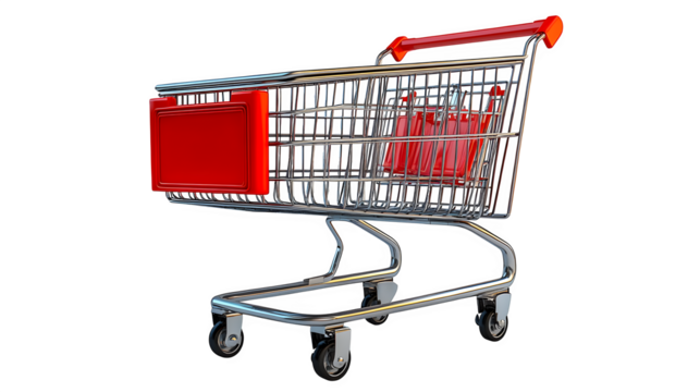 Modern supermarket shopping cart with clean metal lines and functional basket design isolated on white background