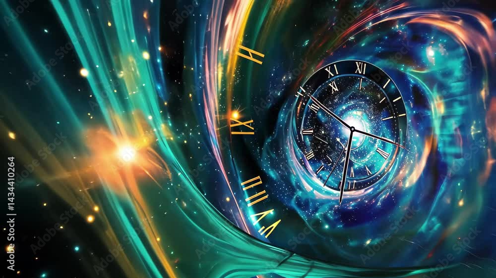 Poster exploring the mysteries of time and space distorted by magnetic fields in a cosmic landscape