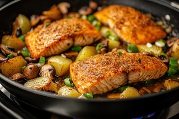Fototapeta premium Pan fried trout fillets coated in cornmeal served with potatoes mushrooms and green onions