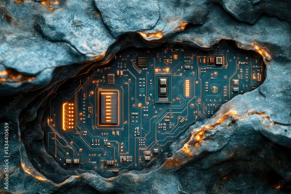 Fototapete A glowing circuit board embedded within a rugged, dark stone, symbolizing technological innovation within the natural world.