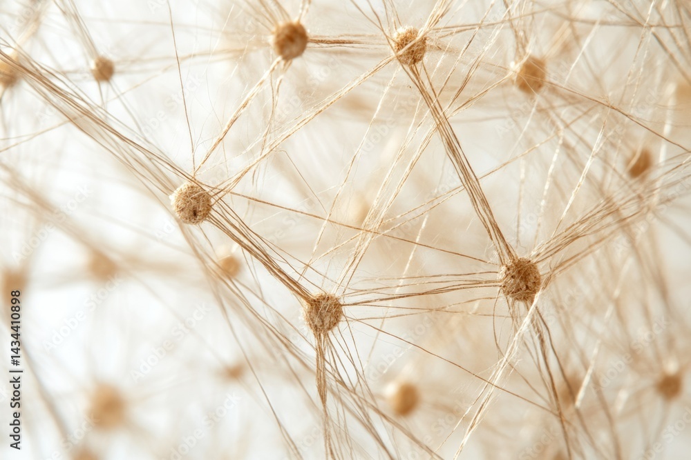 Aufkleber Intricate network of interconnected beige threads and small spherical nodes, creating a complex web-like structure.