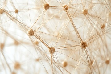 Intricate network of interconnected beige threads and small spherical nodes, creating a complex web-like structure.