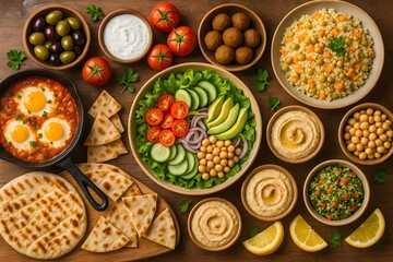 Authentic Mediterranean Meal Platter – Shakshuka, Salad, Falafel, and Hummus Spread