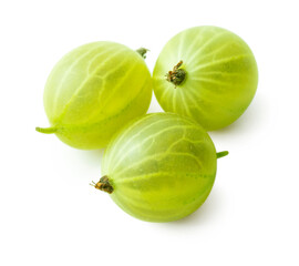 Three ripe green gooseberry isolated on white background.