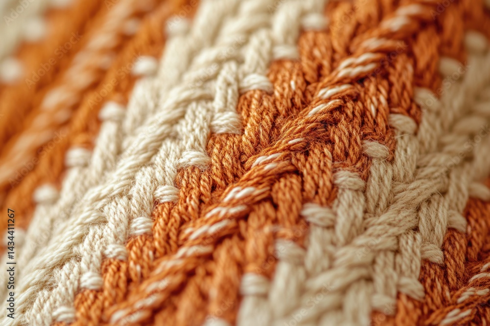 Poster close-up of beige and orange knitted fabric showcasing intricate woven texture and pattern.