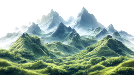 Mountainous landscape with lush greenery, high-resolution terrain, isolated on white background