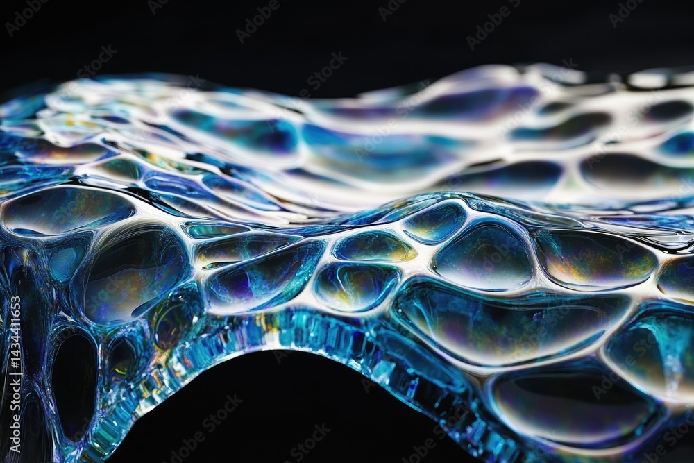Poster abstract image of a blue, iridescent, textured surface resembling a liquid or glass with organic sha