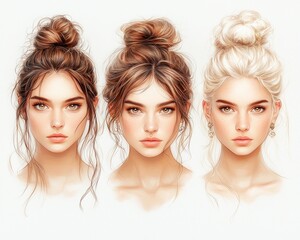 Naklejka premium Three portraits of young women with different hairstyles and expressions, showcasing beauty
