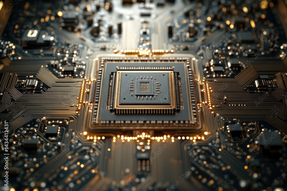 Aufkleber Close-up view of a sophisticated computer circuit board with a central processing unit, showcasing intricate design and glowing components.