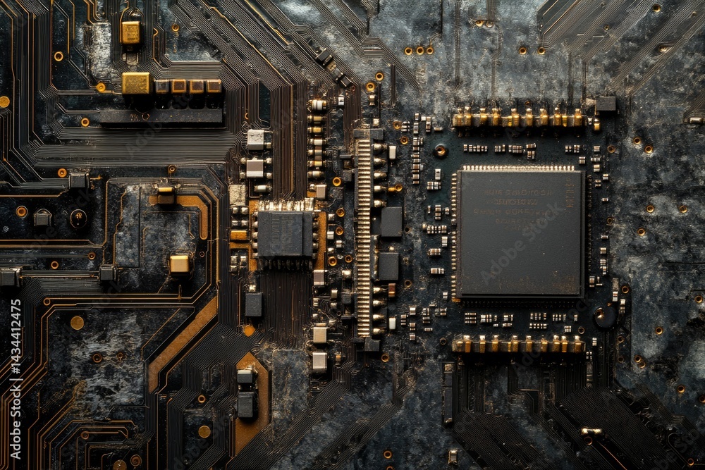 Aufkleber Close-up of a dusty, old circuit board, showcasing intricate electronic components and pathways.