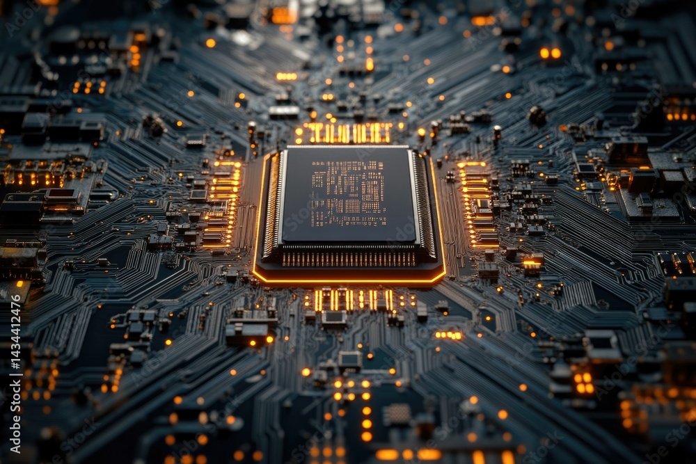 Poster Close-up view of a central processing unit (CPU) on a circuit board, showcasing intricate details and glowing components.