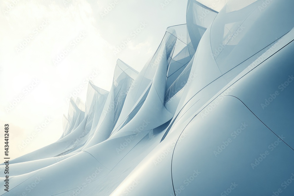 Poster abstract architectural design showcasing flowing, white curves under a bright sky. futuristic buildi