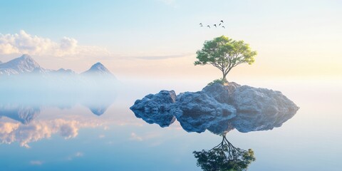 Serene Mountain Lake with Solitary Tree Peaceful Nature Photography