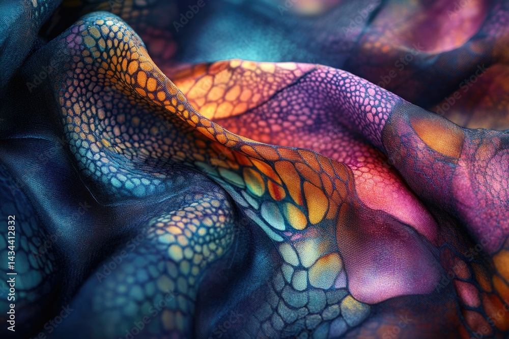 Poster close-up of vibrant, multicolored silk fabric with an intricate, textured pattern.