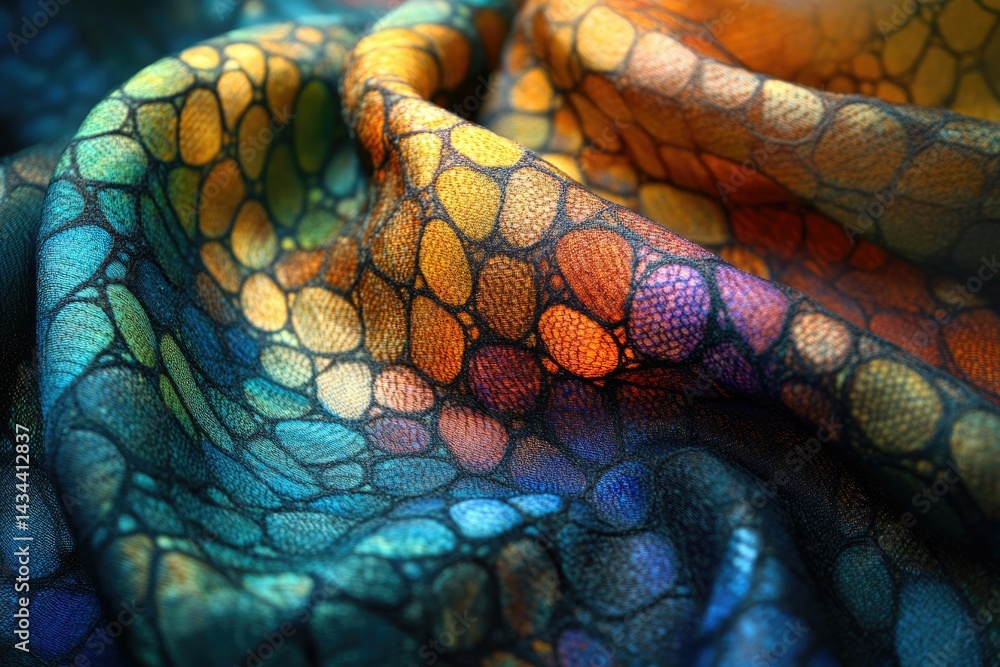 Poster Close-up of vibrant, multicolored fabric with a pebble-like pattern, showcasing its texture and drape.