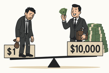 Cartoon seesaw balancing a wealthy manager with lots of cash against a poor worker with one dollar, visualizing the concept of income inequality, salary comparison, and the wealth gap.