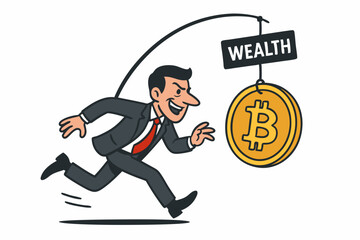 Determined businessman chasing elusive Bitcoin wealth dangling from a stick, representing the deceptive lure of cryptocurrency investment and the endless pursuit of financial gain.