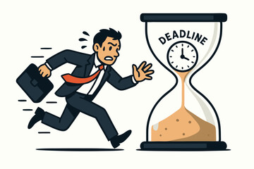 Urgent Deadline Concept Anxious Businessman in Suit Running Towards Hourglass Clock Symbolizing Time Pressure and Project Management Stress Vector Graphic Illustration