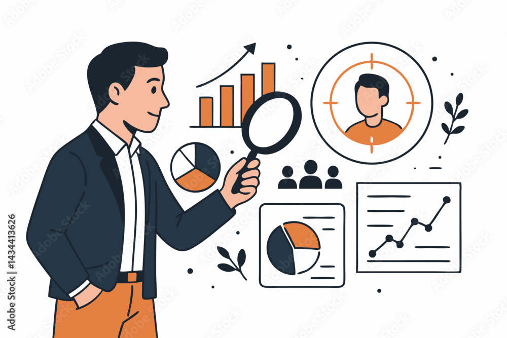 Aufkleber data analysis vector illustration showing businessman with magnifying glass exploring charts, graphs