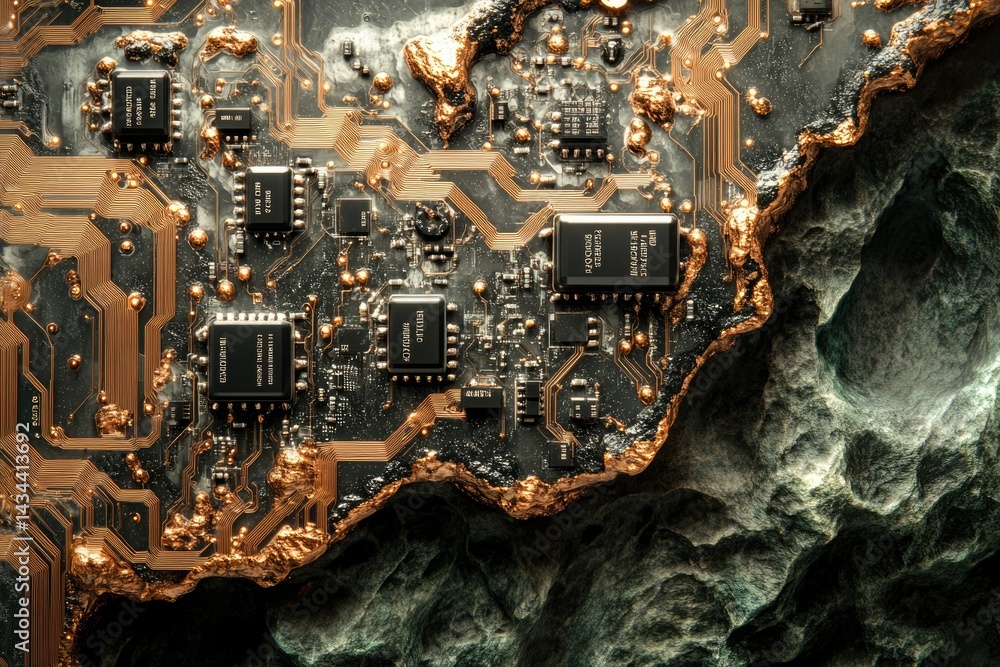 Poster a circuit board, seemingly embedded in rock, with gold-colored traces, showcasing a futuristic, tech