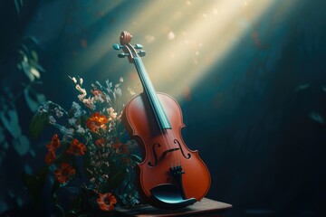 Fototapeta premium A violin rests serenely amidst a bouquet of vibrant flowers, bathed in soft, ethereal light.