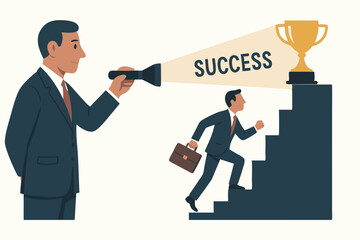 Mentor Illuminates Path to Success: Businessman Climbs Career Ladder Towards Trophy Goal, Guided by Leader's Flashlight Vector Art for Business Growth.