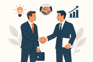 Successful business partnership handshake vector illustration. Two businessmen seal a deal, representing collaboration, agreement, growth, new ideas, and corporate success concept.