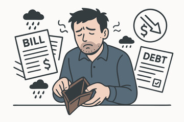 Broke man feeling hopeless with empty wallet, facing huge bills and crushing debt, illustration of financial crisis, unemployment, poverty, and bankruptcy worries.