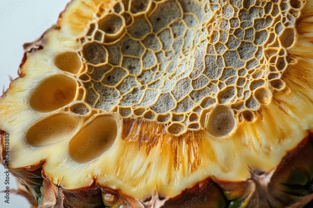 Poster close-up of a pineapple core revealing its intricate honeycomb-like structure and texture.