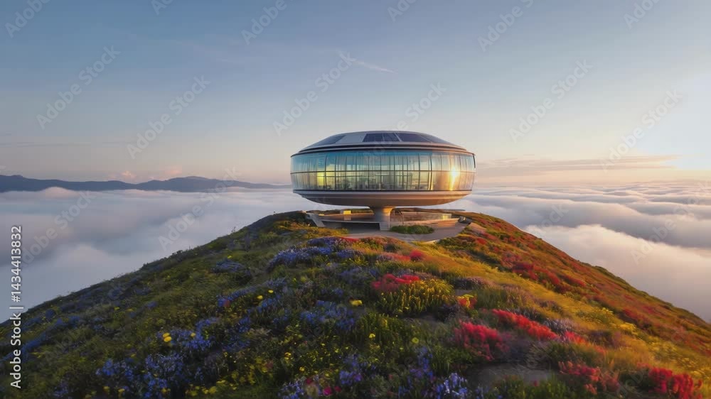 Canvas Prints futuristic circular building with glass walls standing on a mountain peak covered with colorful flow